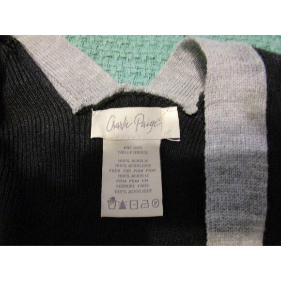 Crarlie Paige Womens Black & Gray Shawl/Cape with Pom-Poms - Picture 2 of 3